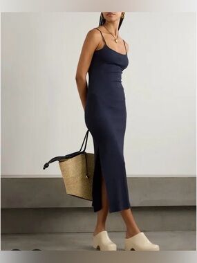 NWT LOEWE Anagram logo-embroidered ribbed stretch-cotton jersey midi dressnavy S
